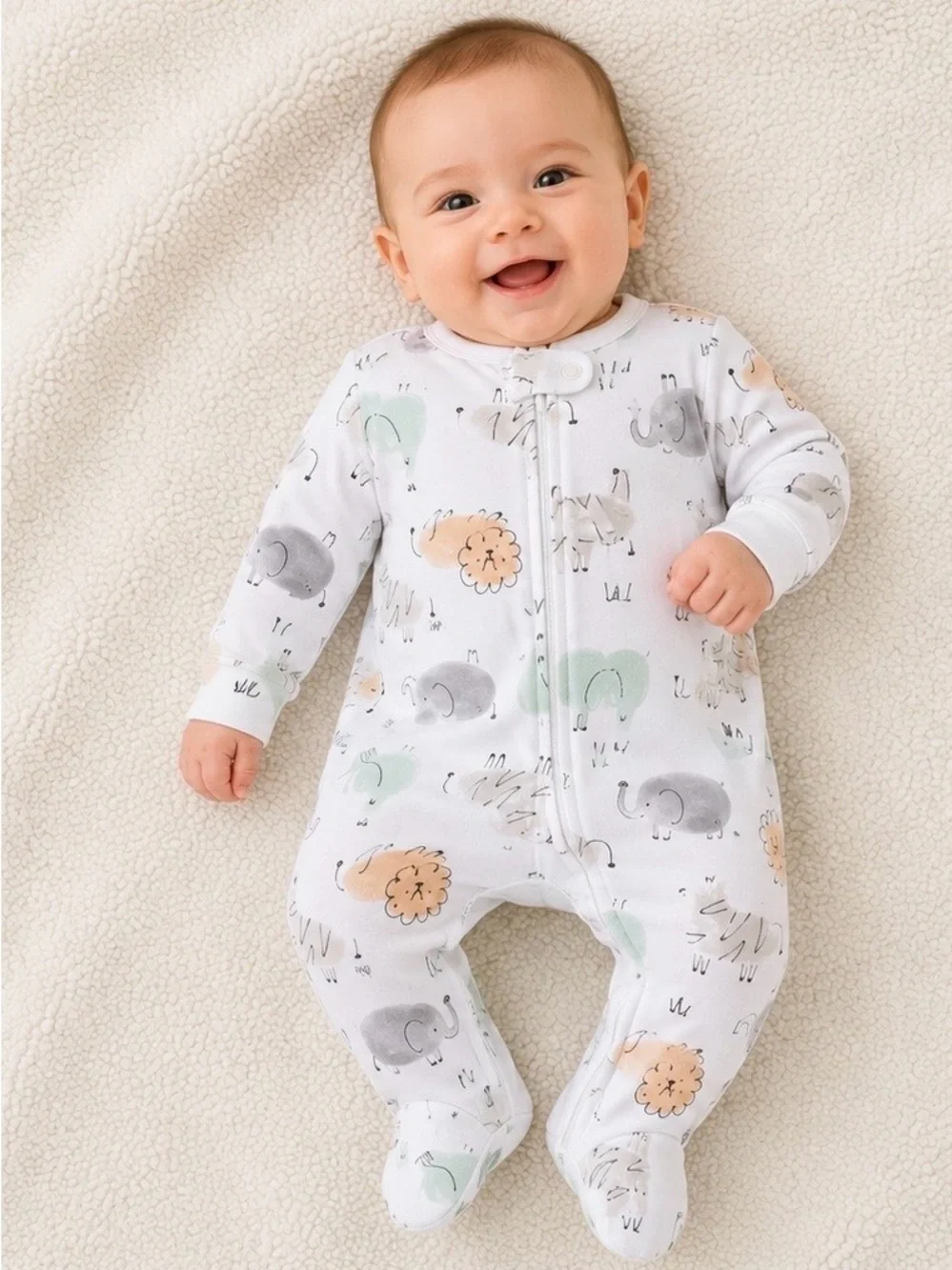 6 MTH Carter's White Footed One-Piece with Gray Elephants and Pastel Accents